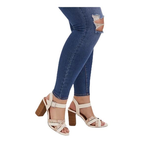 Torrid beige Faux Leather & Snakeskin Print Open Toe Block Heel US 10.5W - Picture 2 of 10